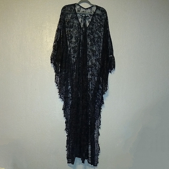 Sheer Sexy Black Lace Caftan Long Maxi Coverup Lingerie Dress Gothic Gown Kaftan - Picture 3 of 16